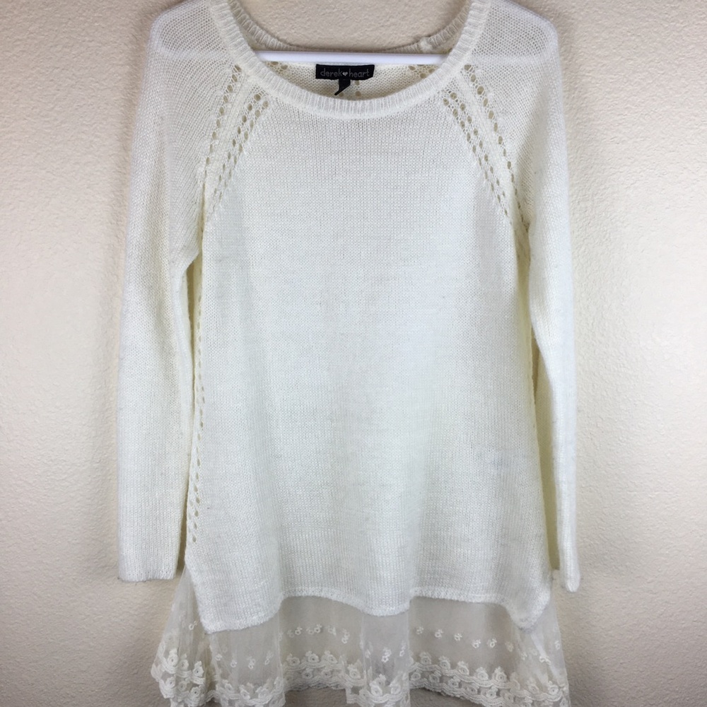 Derek Heart Women's Cream Tunic Sweater Lace Hem Size Medium